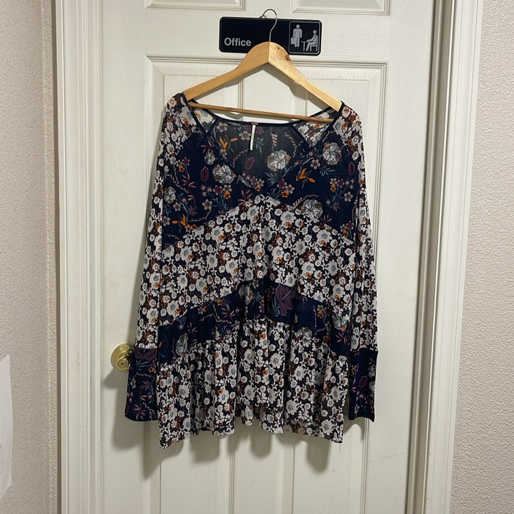 Free People Blue and White Asymmetrical Blouse
